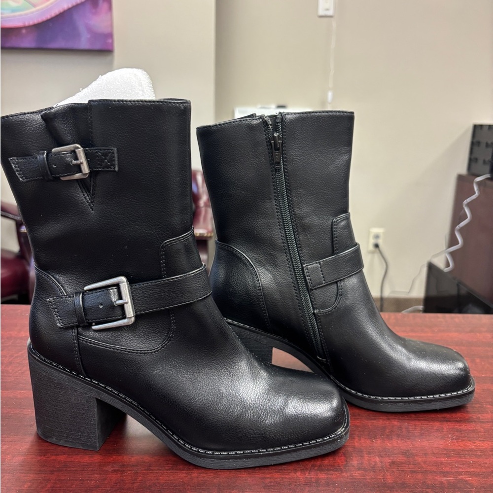 BareTraps Black Leather Boots with Decorative Buckles